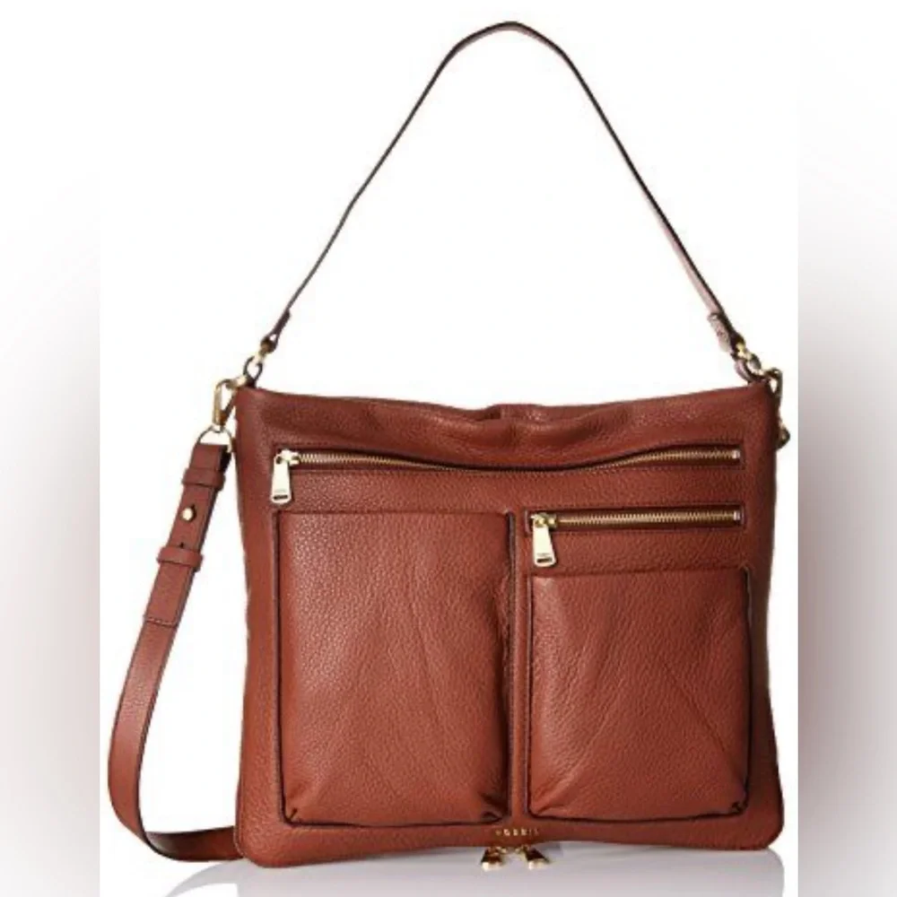 VTG Fossil Piper brown large crossbody shoulder bag pebbled leather zip bottom - Picture 4 of 16